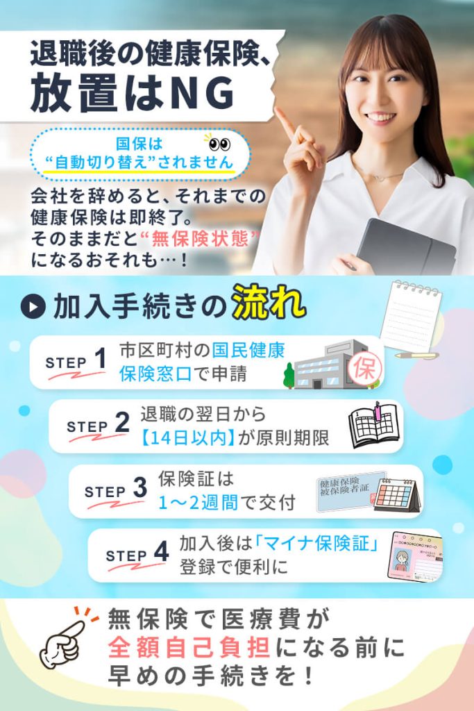 退職後は自分で国民健康保険(国保)への加入手続きを行う必要があります。